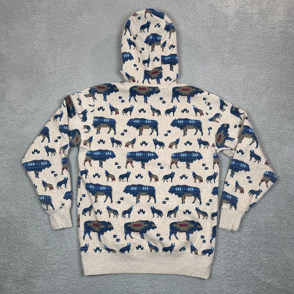 Ariat Re-AL Womens Small Buffalo Wolf Southwestern Fleece Hoodie Oatmeal Blue - Picture 2 of 12
